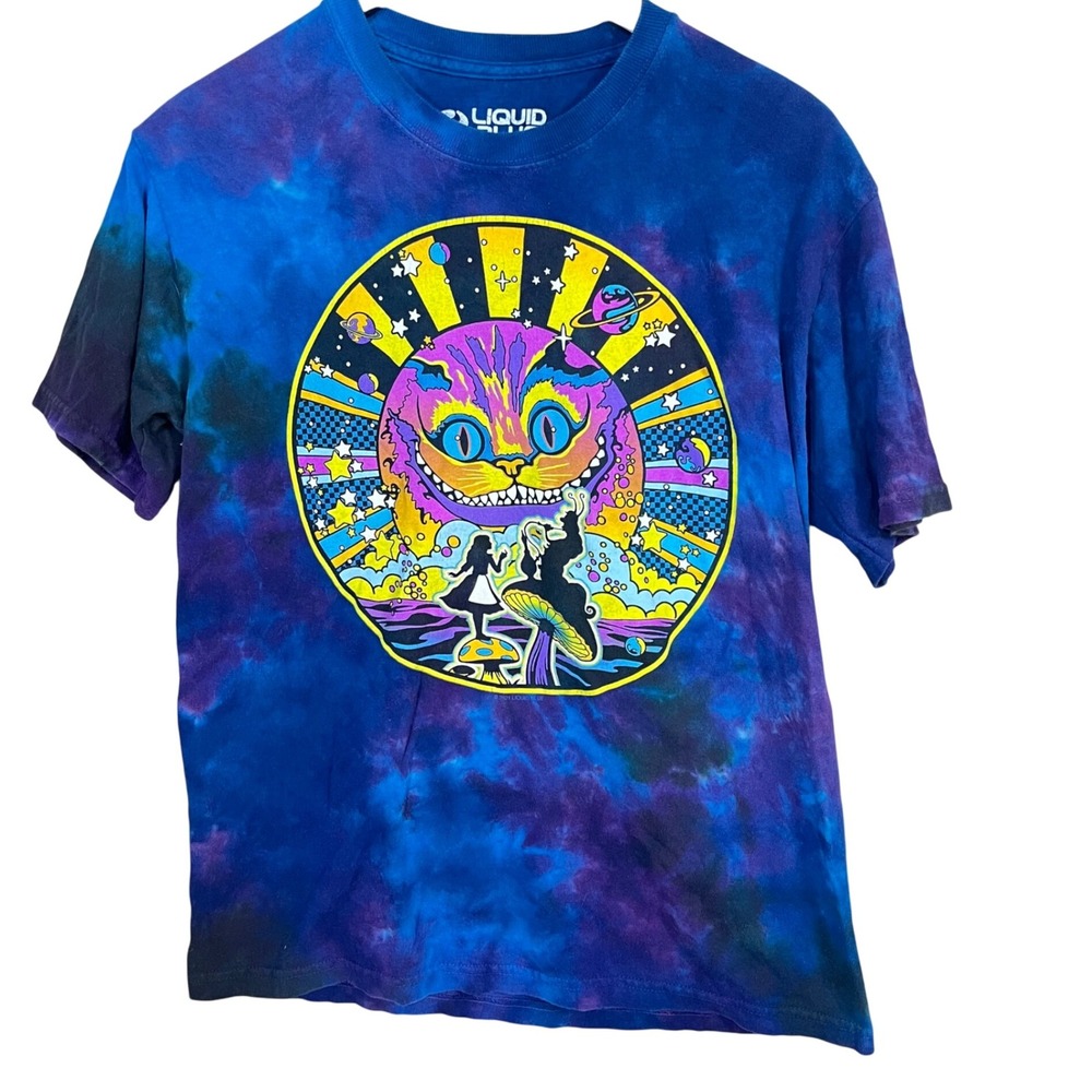 Liquid Blue Alice In Wonderland Shirt  Blue Tie Dye Cheshire Cat‎ Size Small